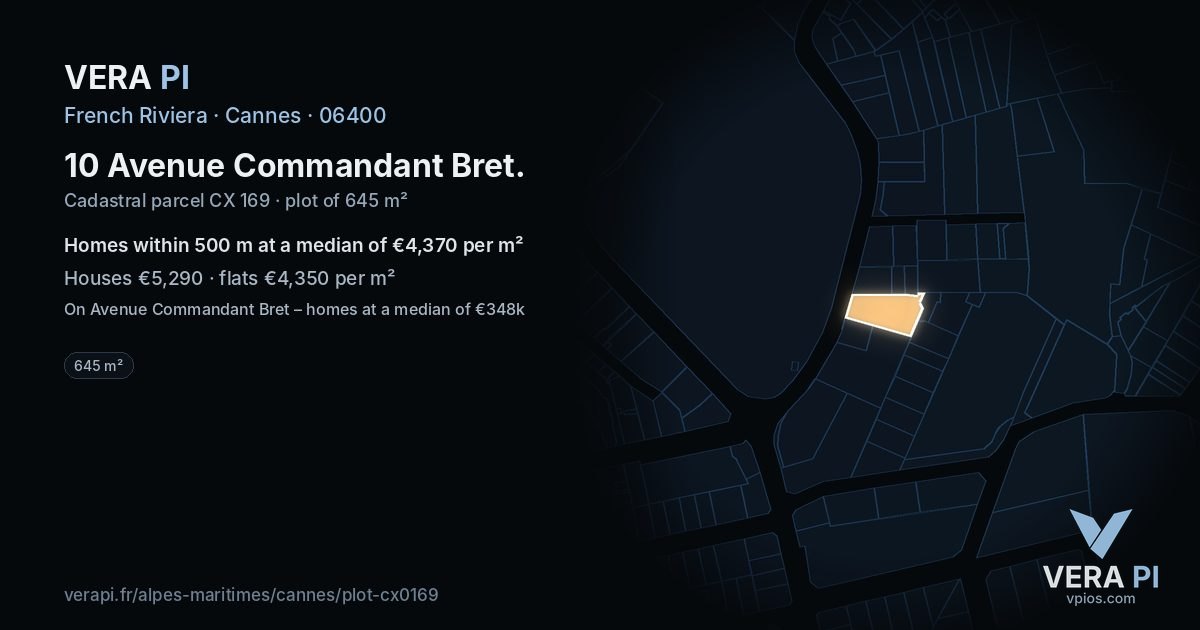 10 Avenue Commandant Bret, Cannes at night – the plot lit, the parcels around coloured by the prices near them