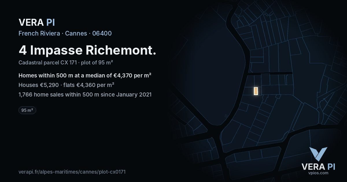 4 Impasse Richemont, Cannes at night – the plot lit, the parcels around coloured by the prices near them