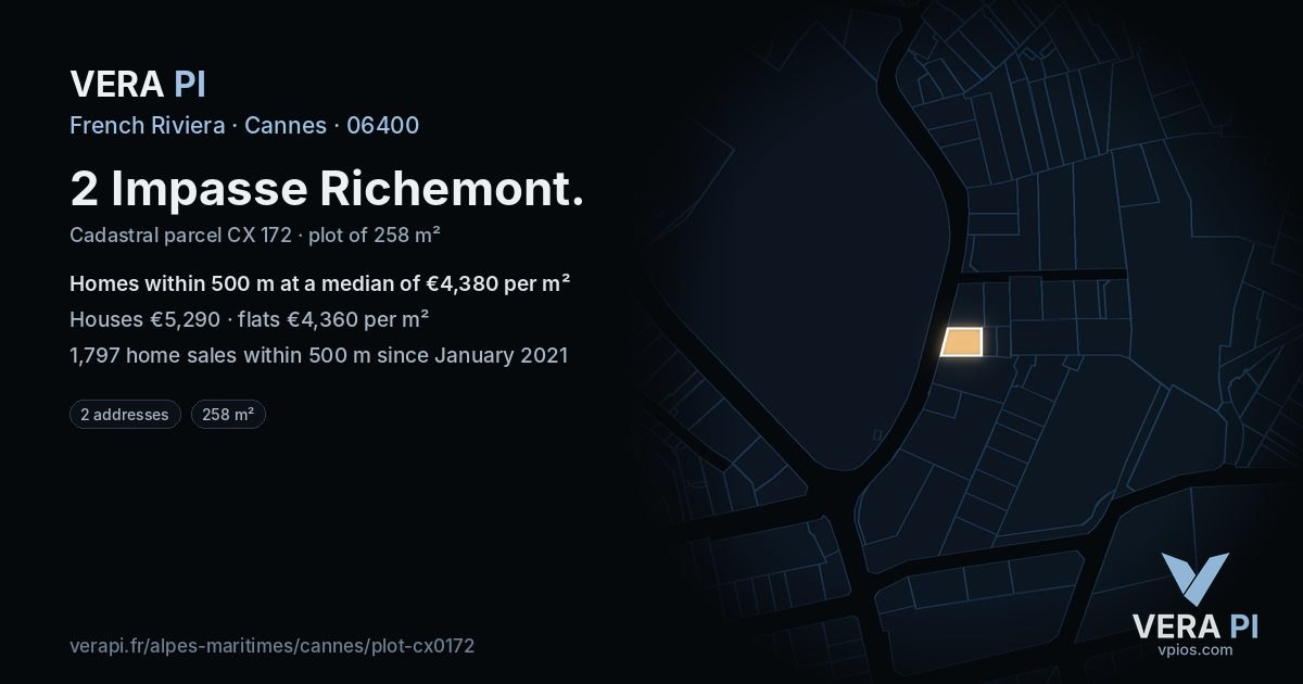 2 Impasse Richemont, Cannes at night – the plot lit, the parcels around coloured by the prices near them