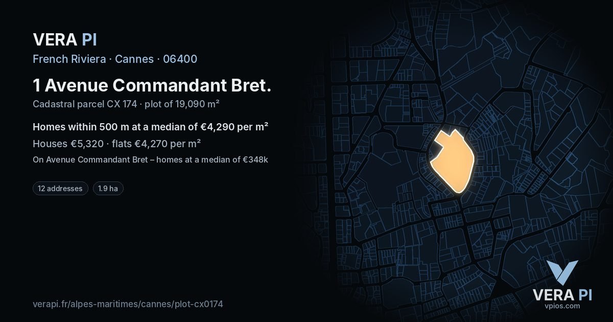 1 Avenue Commandant Bret, Cannes at night – the plot lit, the parcels around coloured by the prices near them