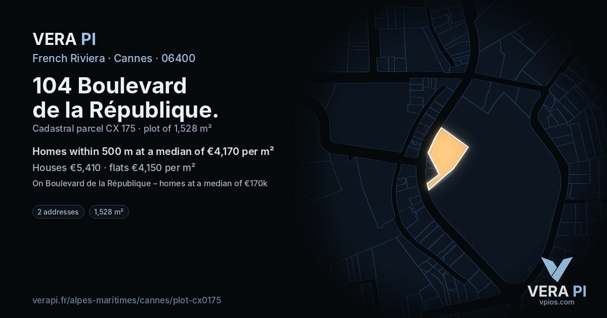 104 Boulevard de la République, Cannes at night – the plot lit, the parcels around coloured by the prices near them