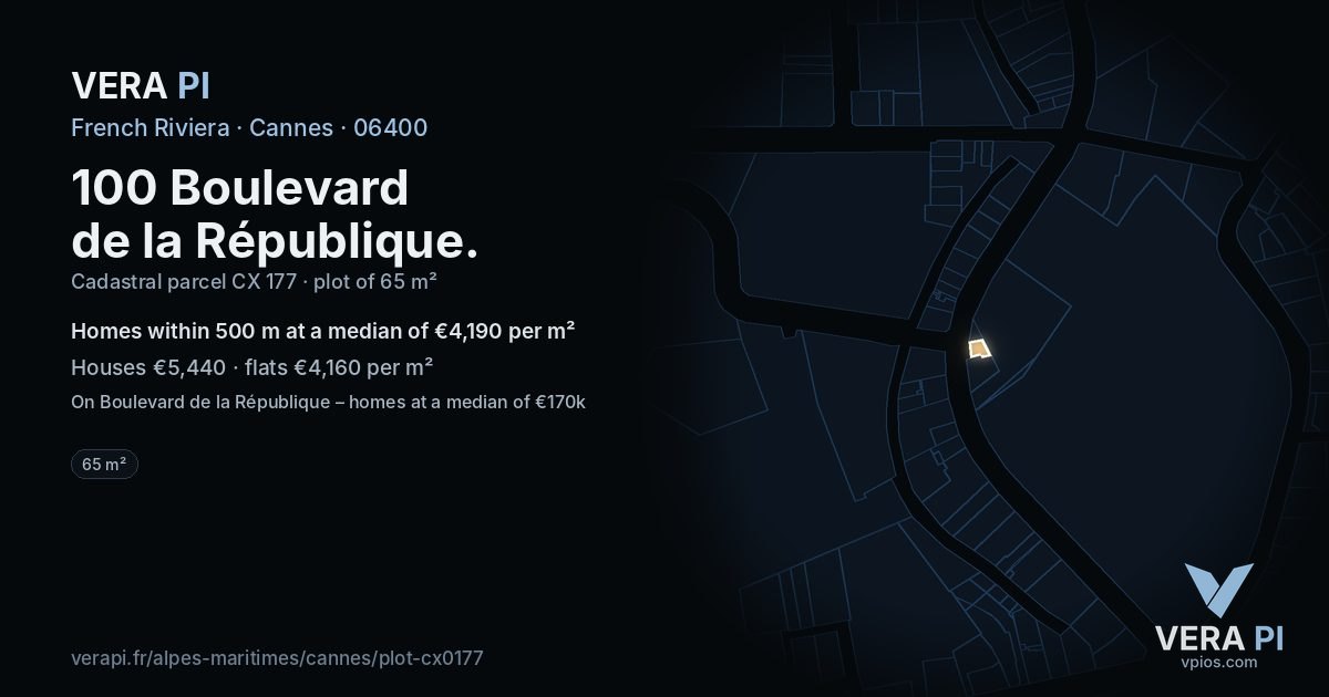 100 Boulevard de la République, Cannes at night – the plot lit, the parcels around coloured by the prices near them