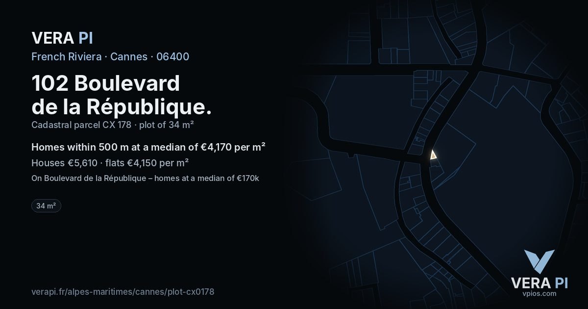 102 Boulevard de la République, Cannes at night – the plot lit, the parcels around coloured by the prices near them