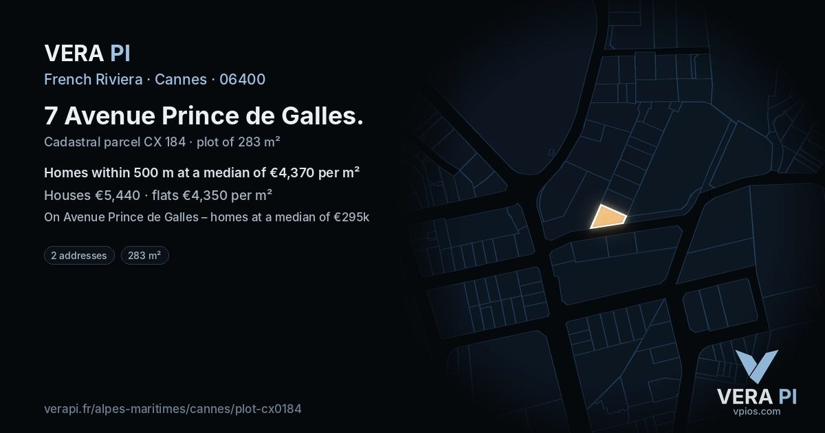 7 Avenue Prince de Galles, Cannes at night – the plot lit, the parcels around coloured by the prices near them