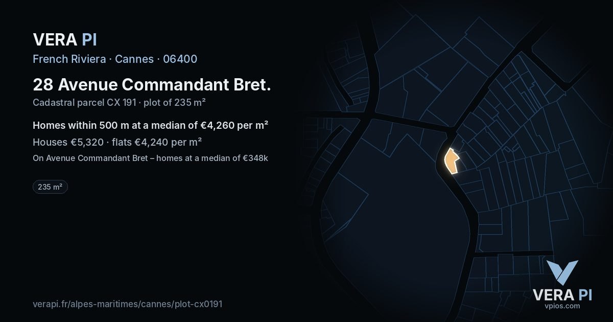 28 Avenue Commandant Bret, Cannes at night – the plot lit, the parcels around coloured by the prices near them