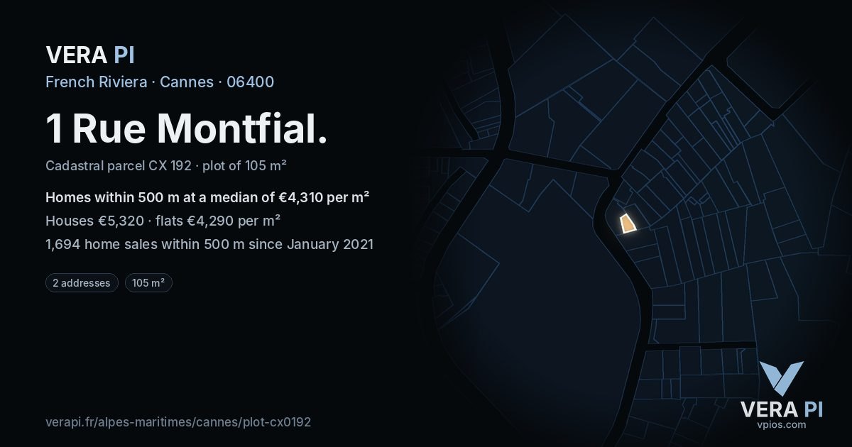 1 Rue Montfial, Cannes at night – the plot lit, the parcels around coloured by the prices near them