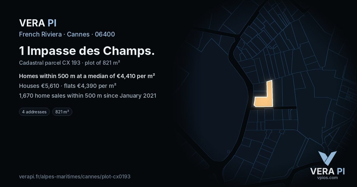 1 Impasse des Champs, Cannes at night – the plot lit, the parcels around coloured by the prices near them