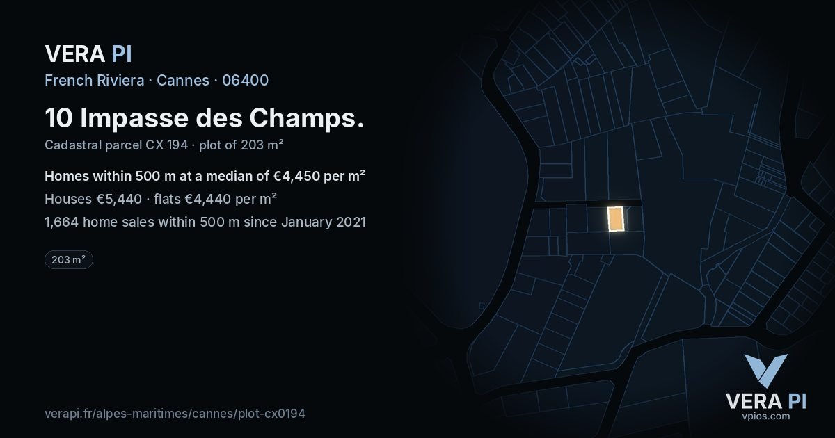 10 Impasse des Champs, Cannes at night – the plot lit, the parcels around coloured by the prices near them