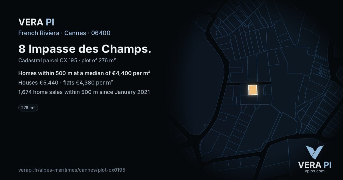 8 Impasse des Champs, Cannes at night – the plot lit, the parcels around coloured by the prices near them