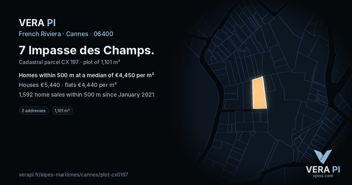 7 Impasse des Champs, Cannes at night – the plot lit, the parcels around coloured by the prices near them