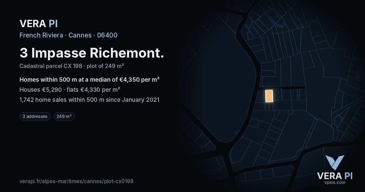 3 Impasse Richemont, Cannes at night – the plot lit, the parcels around coloured by the prices near them