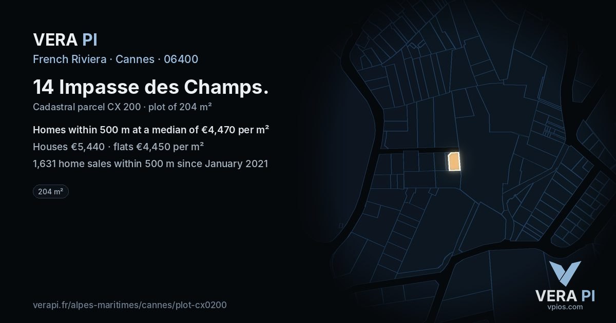 14 Impasse des Champs, Cannes at night – the plot lit, the parcels around coloured by the prices near them