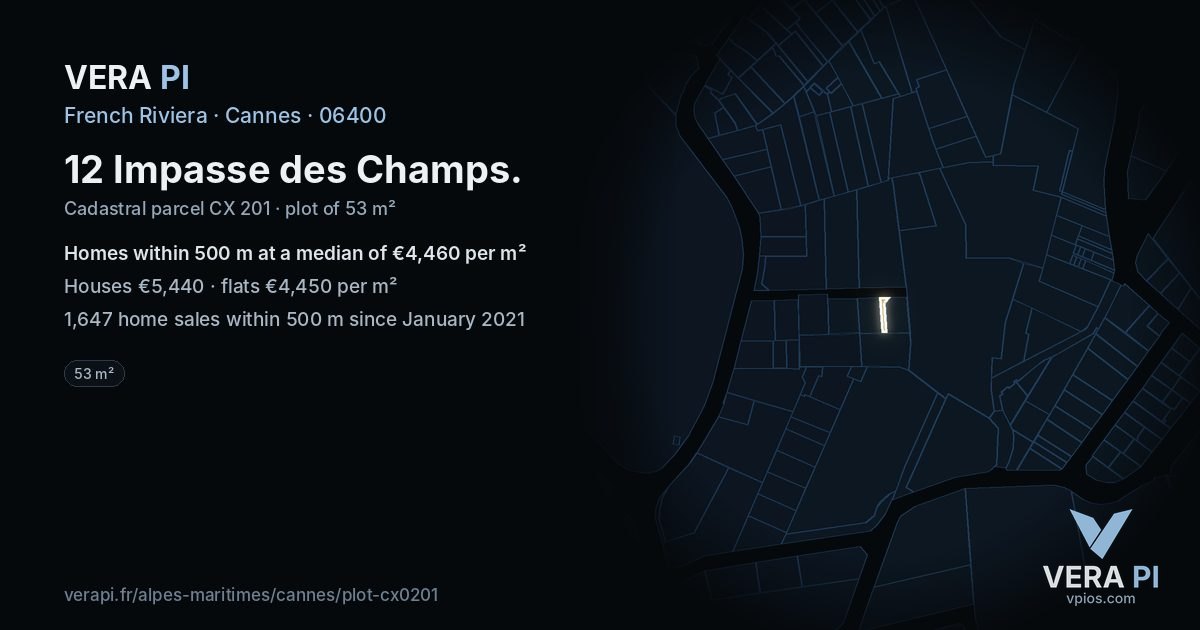 12 Impasse des Champs, Cannes at night – the plot lit, the parcels around coloured by the prices near them