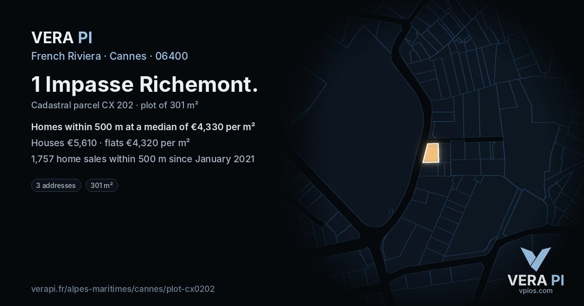 1 Impasse Richemont, Cannes at night – the plot lit, the parcels around coloured by the prices near them