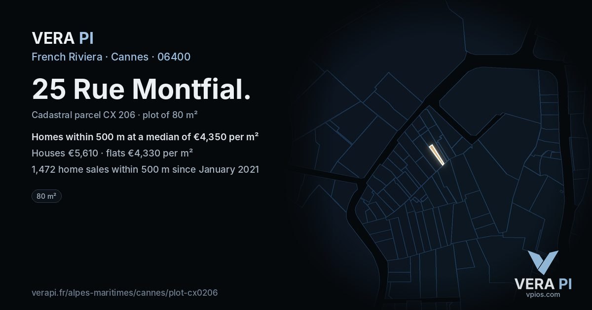 25 Rue Montfial, Cannes at night – the plot lit, the parcels around coloured by the prices near them