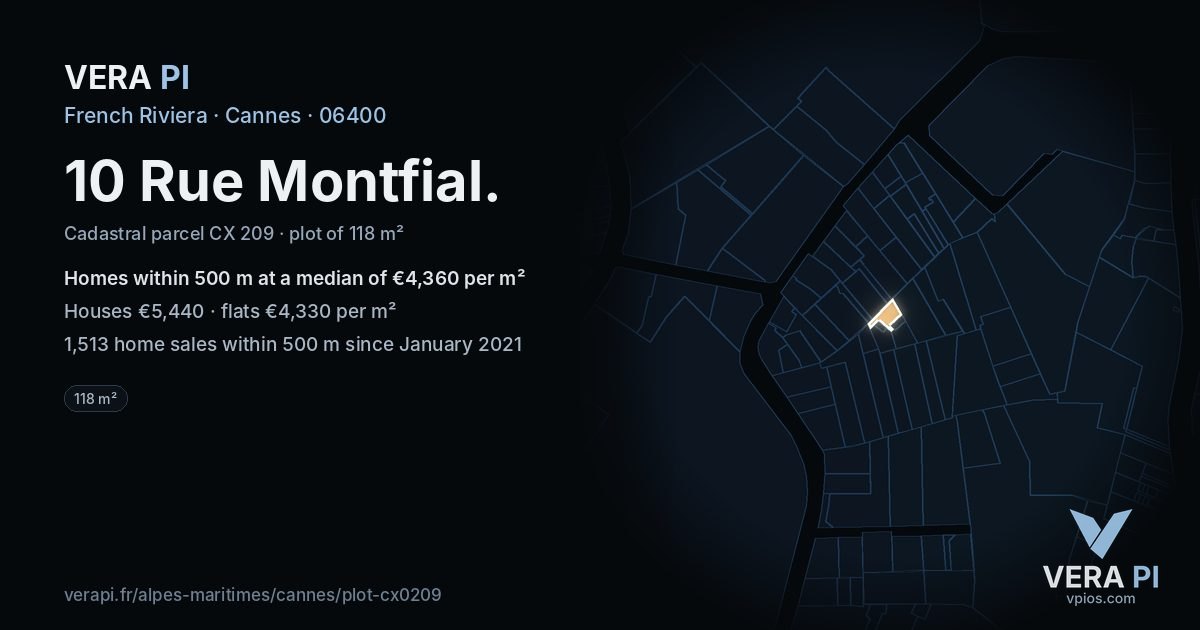 10 Rue Montfial, Cannes at night – the plot lit, the parcels around coloured by the prices near them