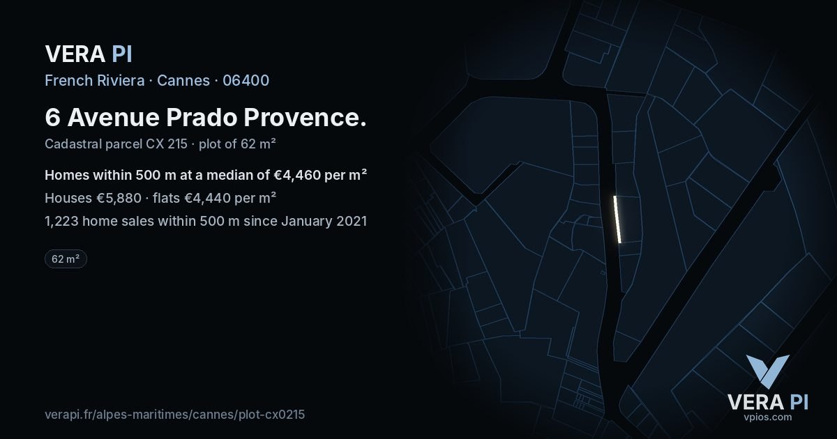 6 Avenue Prado Provence, Cannes at night – the plot lit, the parcels around coloured by the prices near them