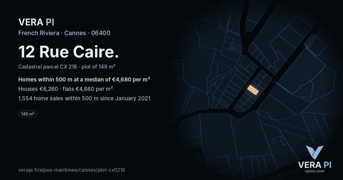 12 Rue Caire, Cannes at night – the plot lit, the parcels around coloured by the prices near them
