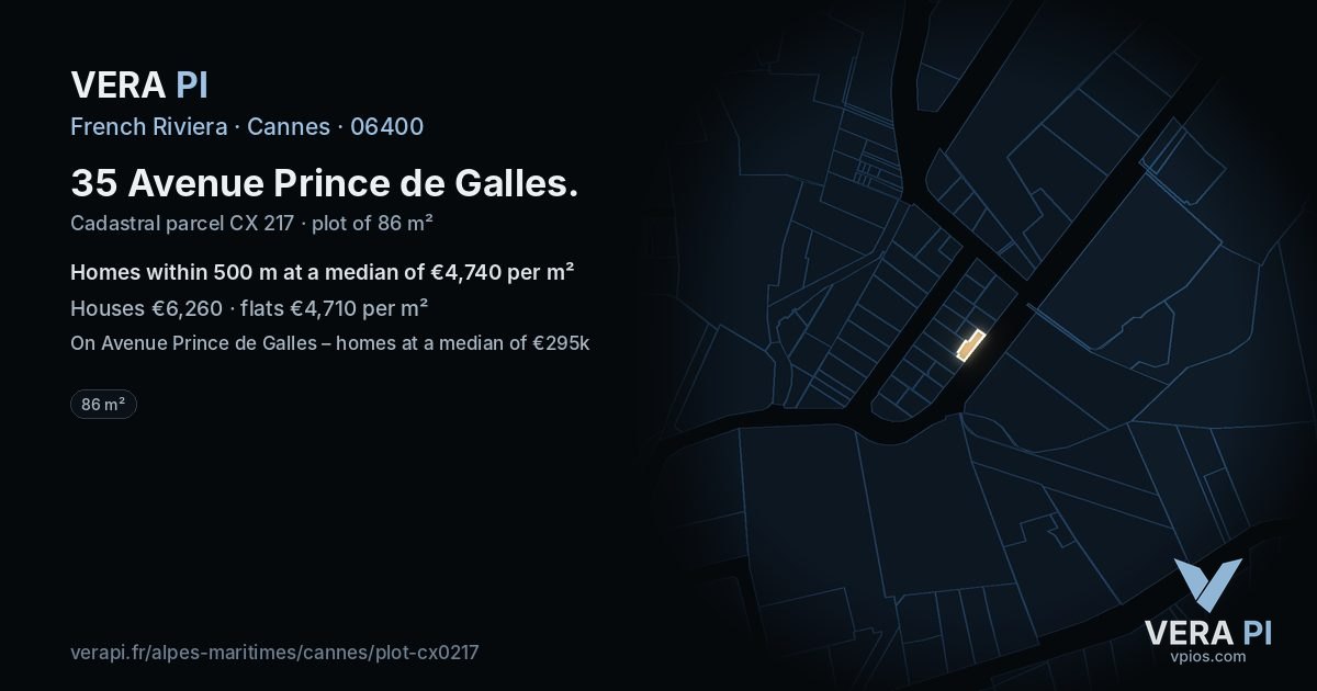 35 Avenue Prince de Galles, Cannes at night – the plot lit, the parcels around coloured by the prices near them