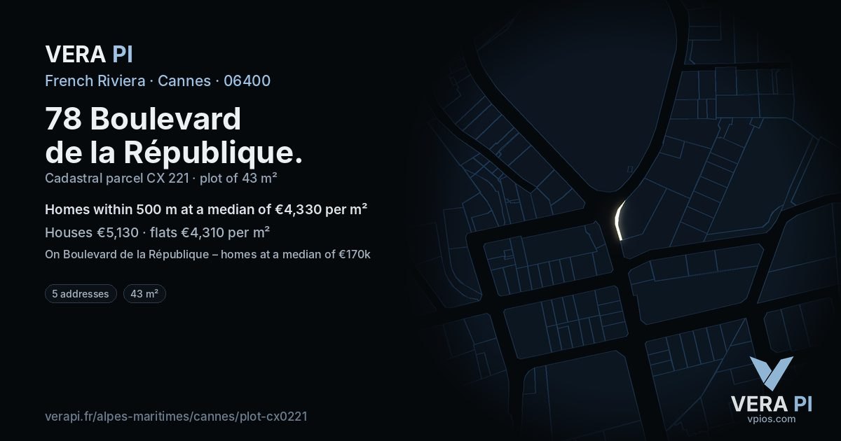 78 Boulevard de la République, Cannes at night – the plot lit, the parcels around coloured by the prices near them