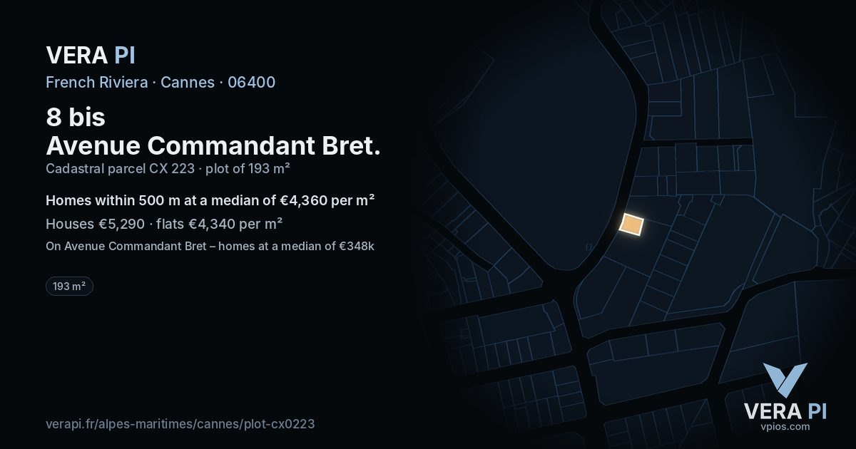 8 bis Avenue Commandant Bret, Cannes at night – the plot lit, the parcels around coloured by the prices near them