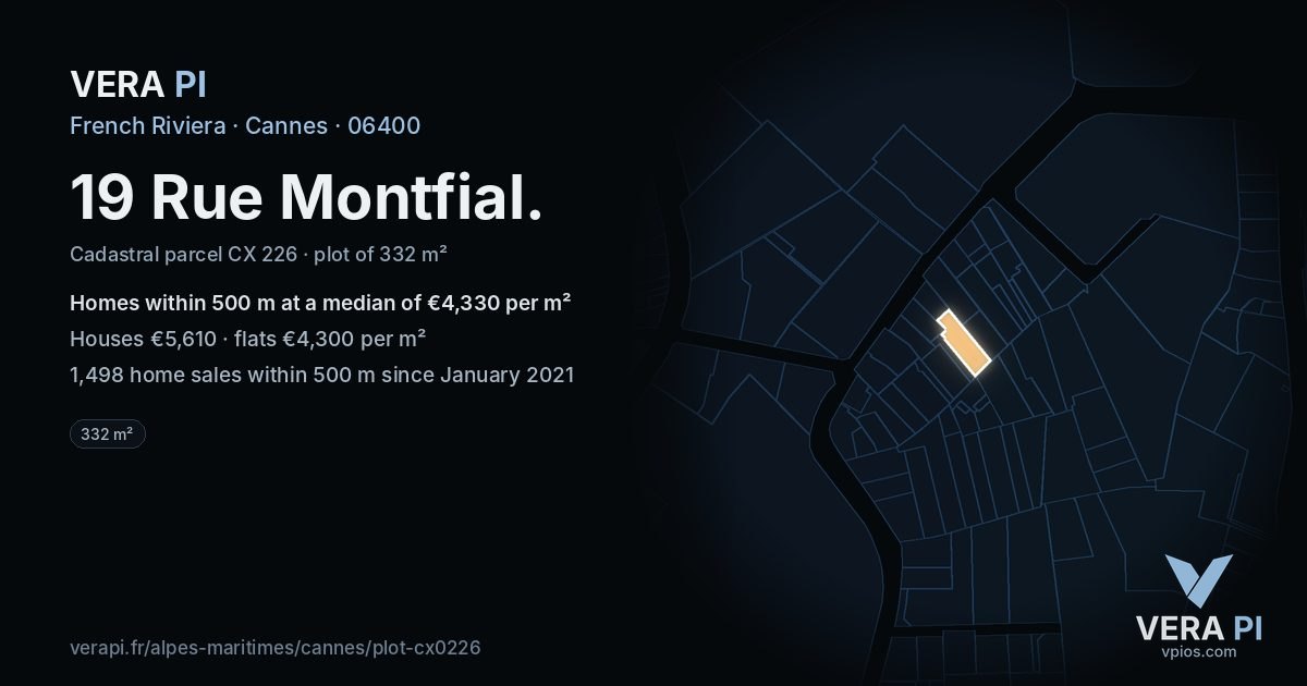 19 Rue Montfial, Cannes at night – the plot lit, the parcels around coloured by the prices near them