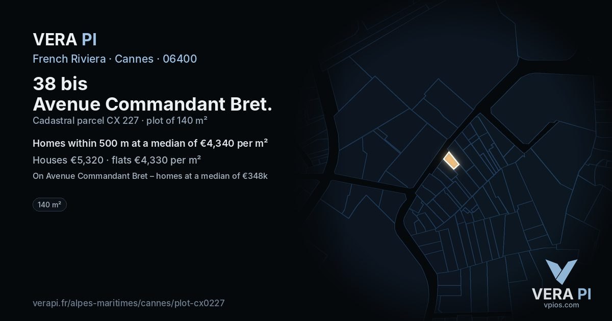 38 bis Avenue Commandant Bret, Cannes at night – the plot lit, the parcels around coloured by the prices near them