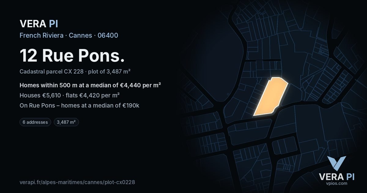 12 Rue Pons, Cannes at night – the plot lit, the parcels around coloured by the prices near them