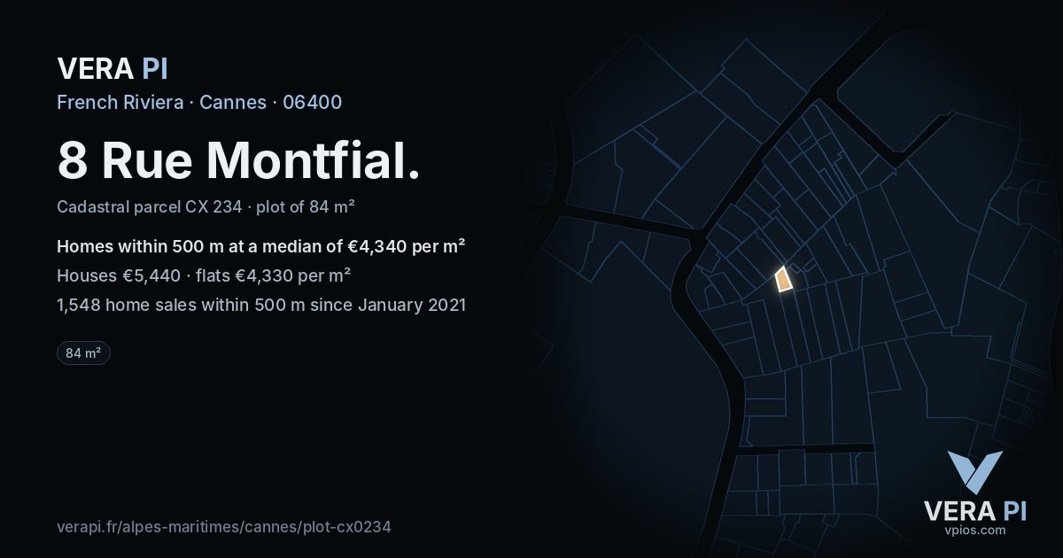 8 Rue Montfial, Cannes at night – the plot lit, the parcels around coloured by the prices near them