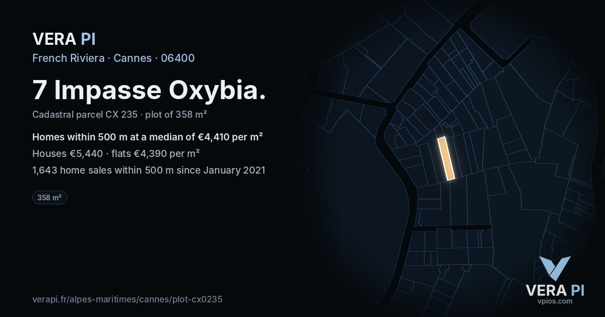 7 Impasse Oxybia, Cannes at night – the plot lit, the parcels around coloured by the prices near them