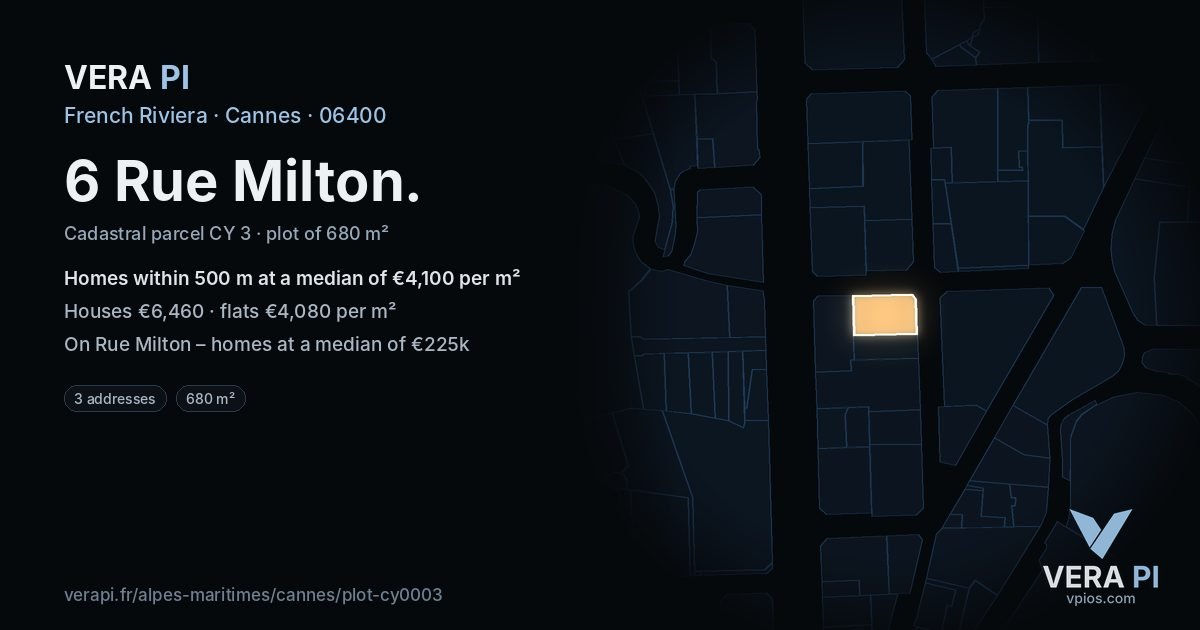 6 Rue Milton, Cannes at night – the plot lit, the parcels around coloured by the prices near them