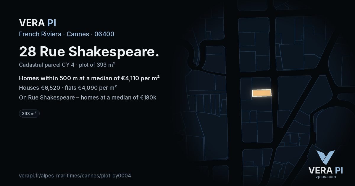 28 Rue Shakespeare, Cannes at night – the plot lit, the parcels around coloured by the prices near them