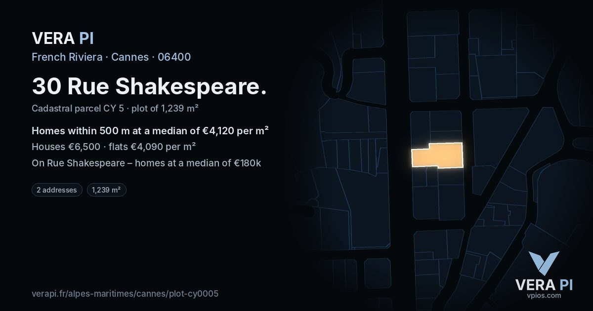 30 Rue Shakespeare, Cannes at night – the plot lit, the parcels around coloured by the prices near them