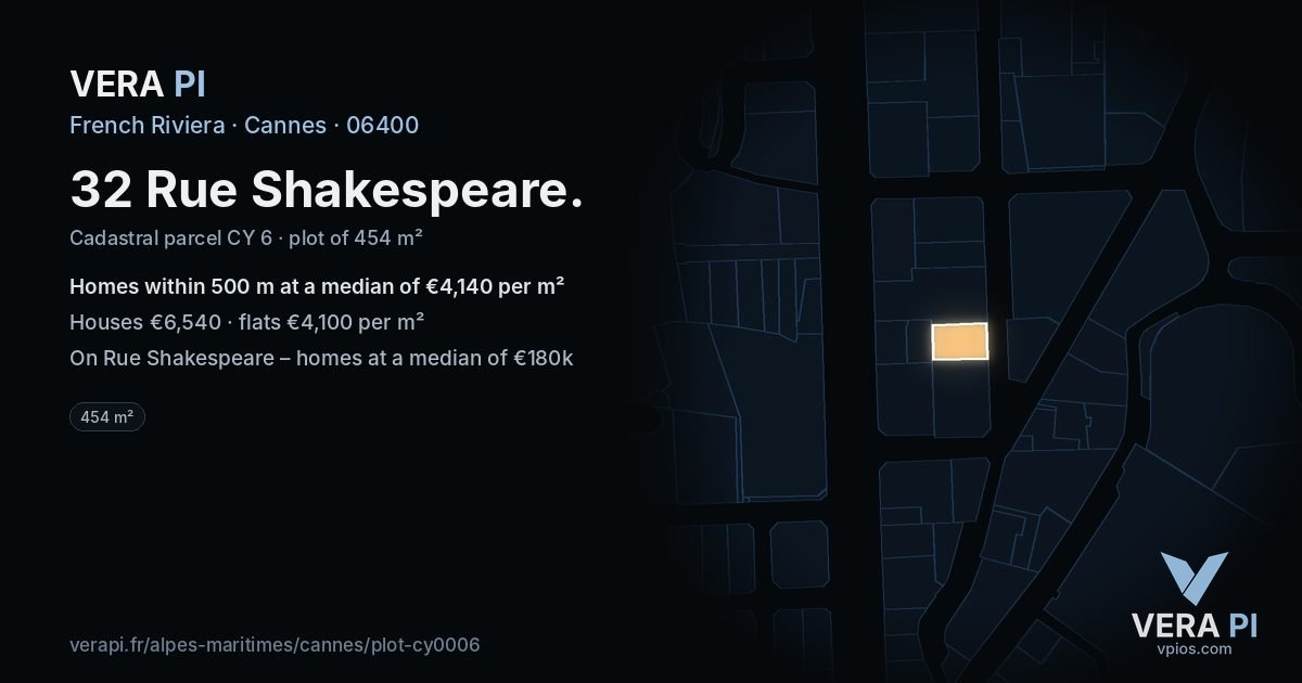32 Rue Shakespeare, Cannes at night – the plot lit, the parcels around coloured by the prices near them