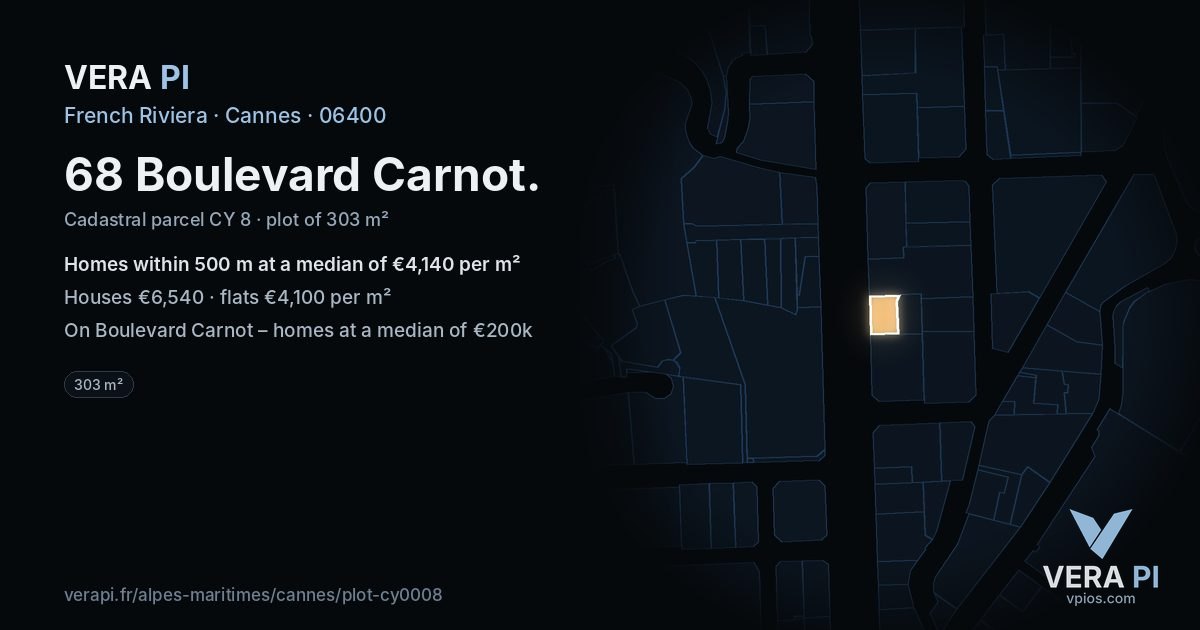 68 Boulevard Carnot, Cannes at night – the plot lit, the parcels around coloured by the prices near them