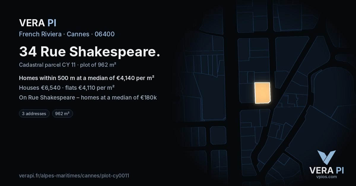 34 Rue Shakespeare, Cannes at night – the plot lit, the parcels around coloured by the prices near them