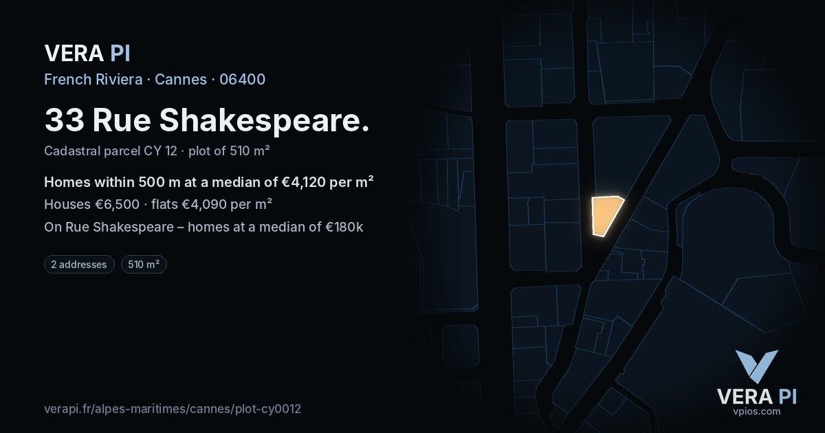 33 Rue Shakespeare, Cannes at night – the plot lit, the parcels around coloured by the prices near them