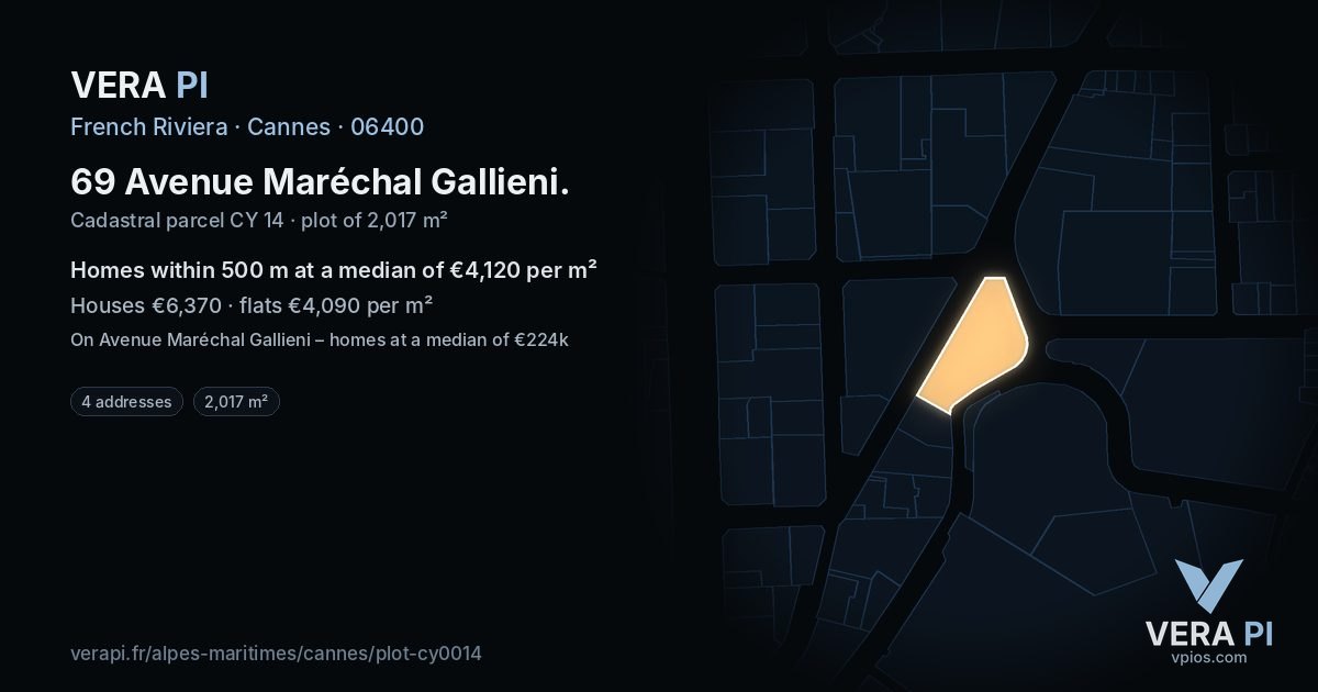 69 Avenue Maréchal Gallieni, Cannes at night – the plot lit, the parcels around coloured by the prices near them
