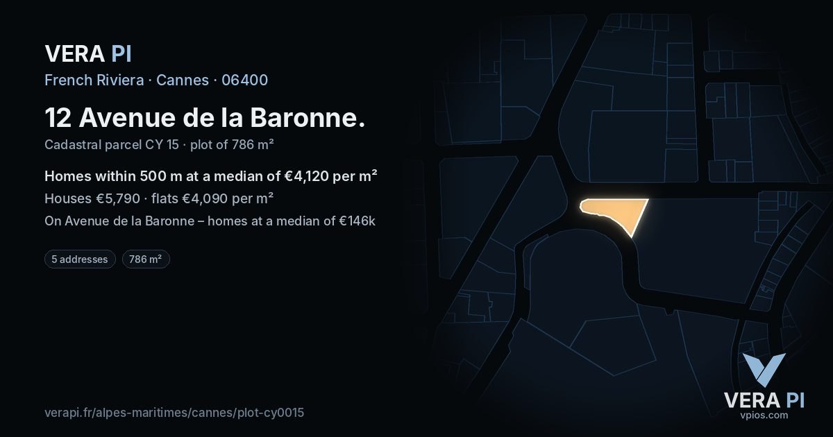 12 Avenue de la Baronne, Cannes at night – the plot lit, the parcels around coloured by the prices near them