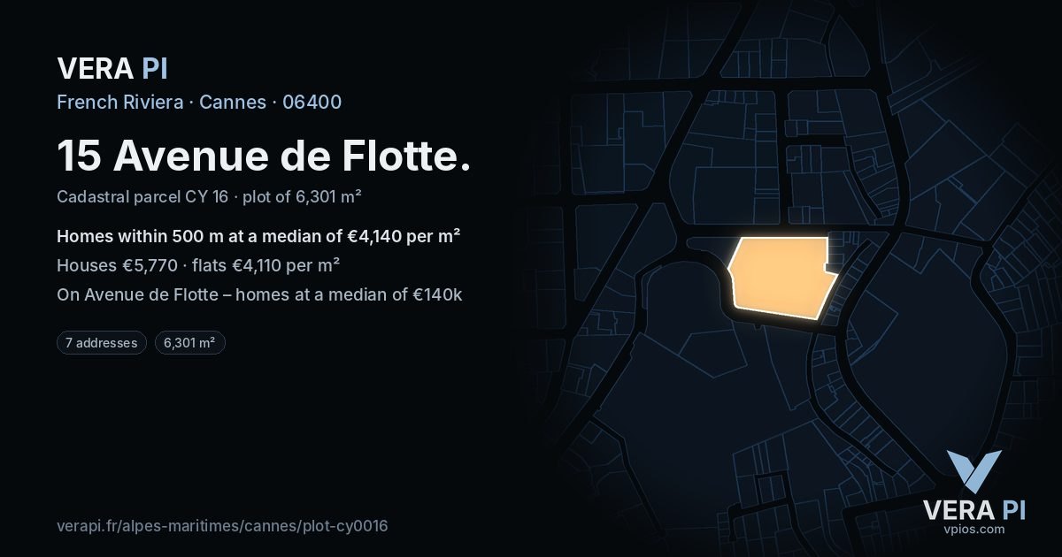 15 Avenue de Flotte, Cannes at night – the plot lit, the parcels around coloured by the prices near them