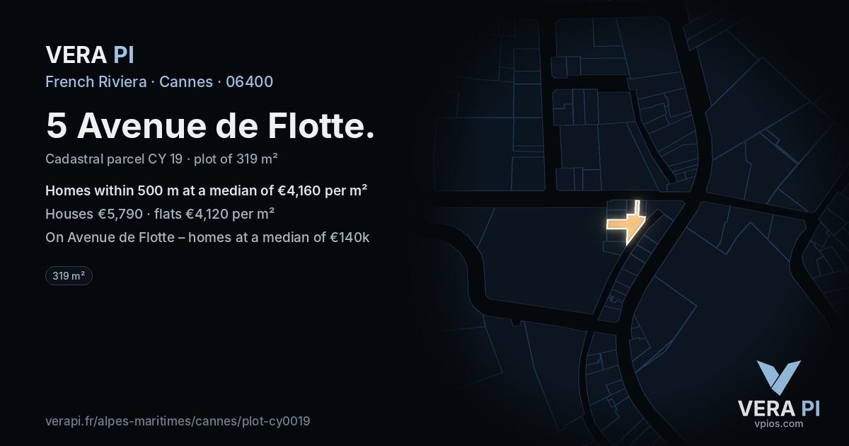 5 Avenue de Flotte, Cannes at night – the plot lit, the parcels around coloured by the prices near them