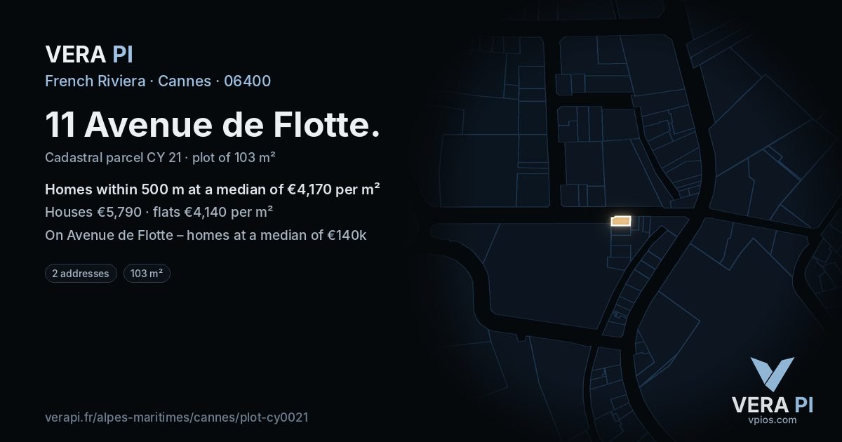 11 Avenue de Flotte, Cannes at night – the plot lit, the parcels around coloured by the prices near them