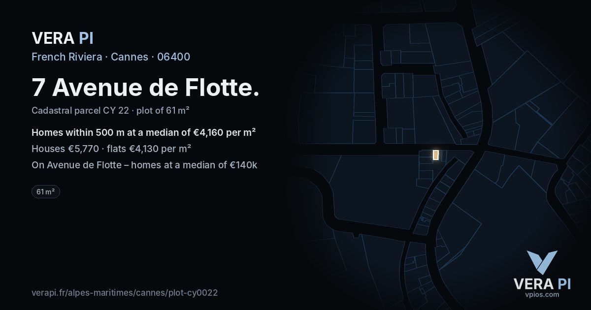 7 Avenue de Flotte, Cannes at night – the plot lit, the parcels around coloured by the prices near them