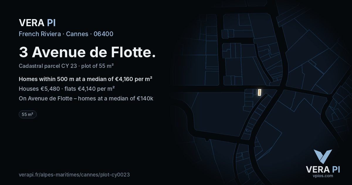 3 Avenue de Flotte, Cannes at night – the plot lit, the parcels around coloured by the prices near them