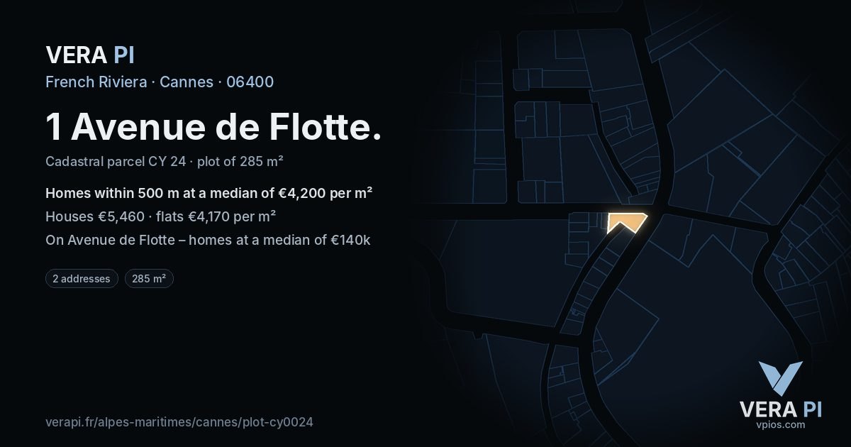 1 Avenue de Flotte, Cannes at night – the plot lit, the parcels around coloured by the prices near them