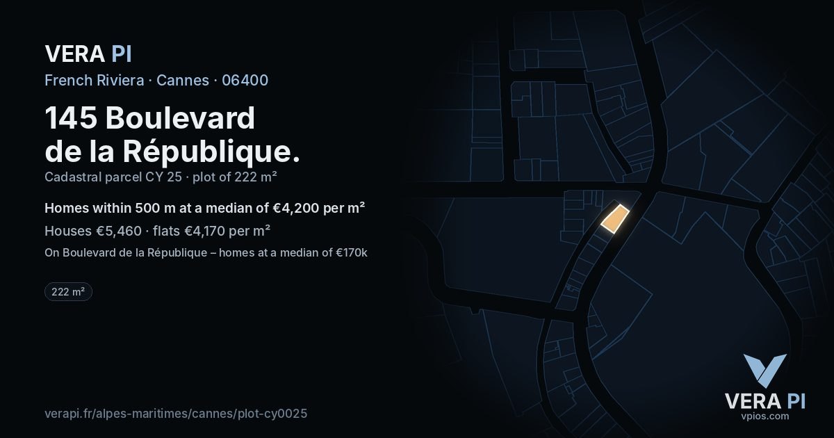 145 Boulevard de la République, Cannes at night – the plot lit, the parcels around coloured by the prices near them