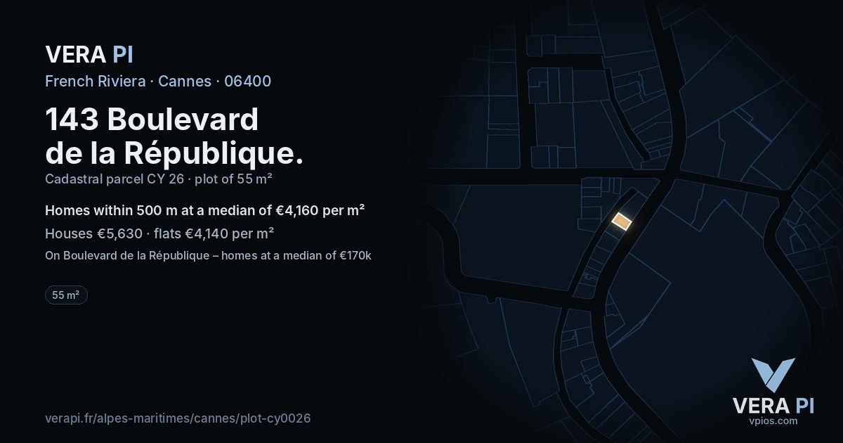 143 Boulevard de la République, Cannes at night – the plot lit, the parcels around coloured by the prices near them