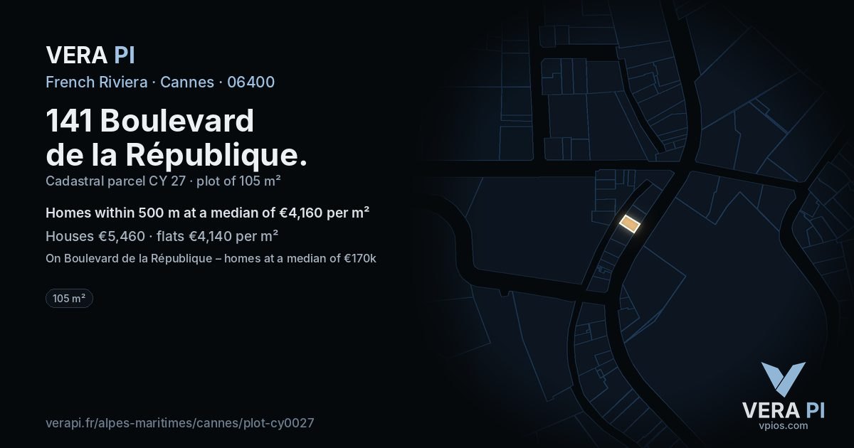 141 Boulevard de la République, Cannes at night – the plot lit, the parcels around coloured by the prices near them