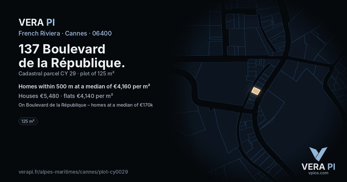 137 Boulevard de la République, Cannes at night – the plot lit, the parcels around coloured by the prices near them