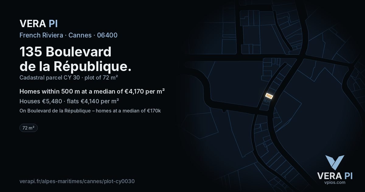 135 Boulevard de la République, Cannes at night – the plot lit, the parcels around coloured by the prices near them